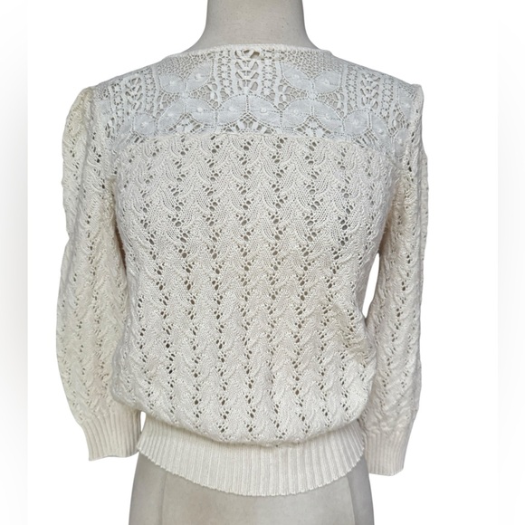 Vintage Sweaters - Late 1970s Ecru Cotton Blend Open-Knit w/Intricate Pointelle Design on Upper Che